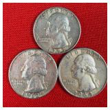 3 - 90% Silver Washington Quarters; 1962 1963 1964