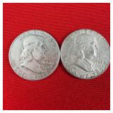 2 - 90% Silver Franklin Half Dollars