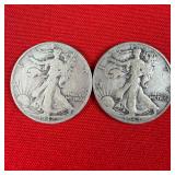 2 - 1942-D Walking Liberty 90% Silver Half Dollars