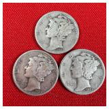3 - 90% Silver 1939 Mercury Dimes