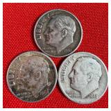 3 - 90% Silver Roosevelt Dimes; 1946 1951 1964