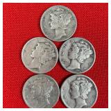 5 - 1944 90% Silver Mercury Dimes