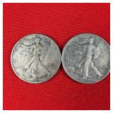 2 - 1943 Walking Liberty 90% Silver Half Dollars