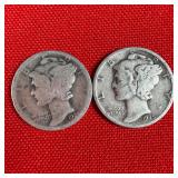 2 - 90% Silver Mercury Dimes; 1925 & 1935