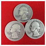 3 - 1942 90% Silver Washington Quarters