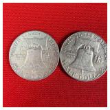 2 - 1963-D 90% Silver Franklin Half Dollars