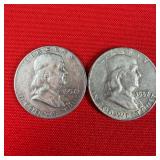 2 - 1957-D 90% Silver Franklin Half Dollars