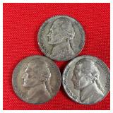 3 - 1943-P Wartime 35% Silver Jefferson Nickels