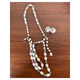 White Beaded Necklace & Clip On Earrings
