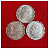 3 - 1950 90% Silver Roosevelt Dimes