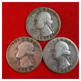3 90% Silver Washington Quarters 1937, 1938, 1939
