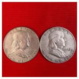 2 - 1952 90% Silver Franklin Half Dollars