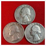 3 1954 - 90% Silver Washington Quarters