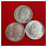 3 - 1950 90% Silver Roosevelt Dimes