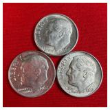 3 - 1962 90% Silver Roosevelt Dimes