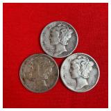 3 - 1944 90% Silver Mercury Dimes