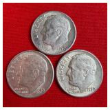 3 - 1950 90% Silver Roosevelt Dimes