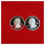 2- 2007 90% Silver Proof State Washington Quarters