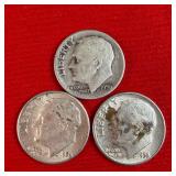 3 - 1956 90% Silver Roosevelt Dimes