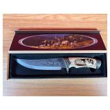 Elk Motif Fixed Blade Bowie Knife W/ Display Box