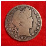 1901 Barber 90% Silver Half Dollar