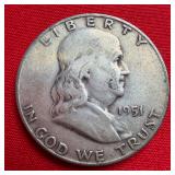 1951 Franklin 90% Silver Half Dollar