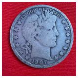 1907 Barber 90% Silver Half Dollar