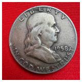 1958 Franklin 90% Silver Half Dollar