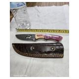 Damascus steel knife full shank leather case