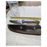 Damascus steel knife full shank leather sheath