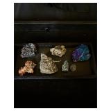 Copper,Carborundum, pyrite, Mica, bornite, bismuth