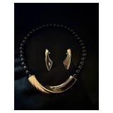 Trifari necklace and earring set black enamel