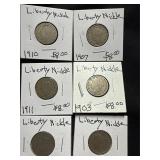 Lot of 6 Liberty V-Nickels