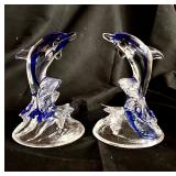 Lot of 2 glass dolphins 6.5ï¿½ blue clear
