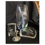 Lot of 4 dolphin decor, + Lenox Crystal Vase