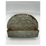 Antique tin letter holder wall pocket with face