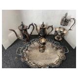 Silver plate tray with coffee / tea pots
