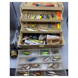 Vintage fishing lures, tacklebox and contents