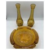 Vintage Amber ashtray & candleholders