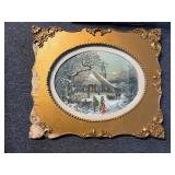 Antique framed winter church scene