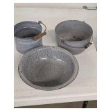 Vintage 3Pc  Enamel Ware Bowl, Pail, Kettle 10-23