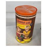Vintage Lincoln Log Set Round Tube Tin Bottom 10-5
