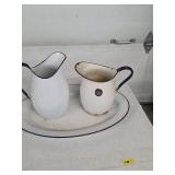 Vintage Enamel Ware 2 Pitchers 1 Platter  10-24