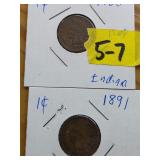 1900,1891 Indian Head Pennies  5-7