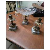 Brass candle holders and crystal candy dish. T5