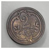 1894 Austria 2 Heller Coin Antique Copper Coin