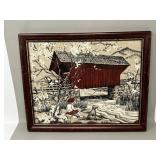 Framed Covered Bridge Tea Towel Textile Art
