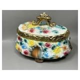 Vintage Porcelain Footed Floral Trinket Box Stash