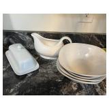 White Ceramic Beaded Gravy Boar, Lidded Butter