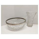 Cut glass vase & bowl w/ metal rim